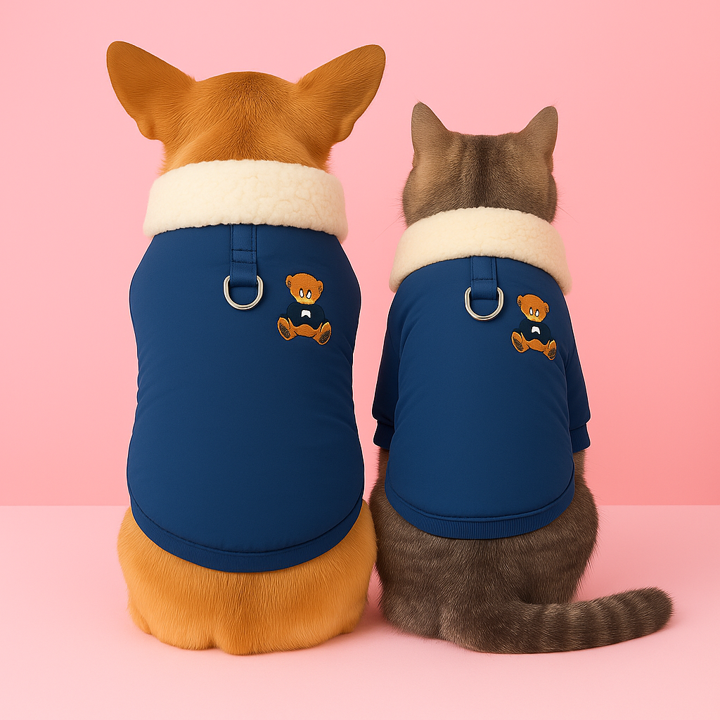 A Cat and a dog wearing blue sweaters with bear designs on a pink background
