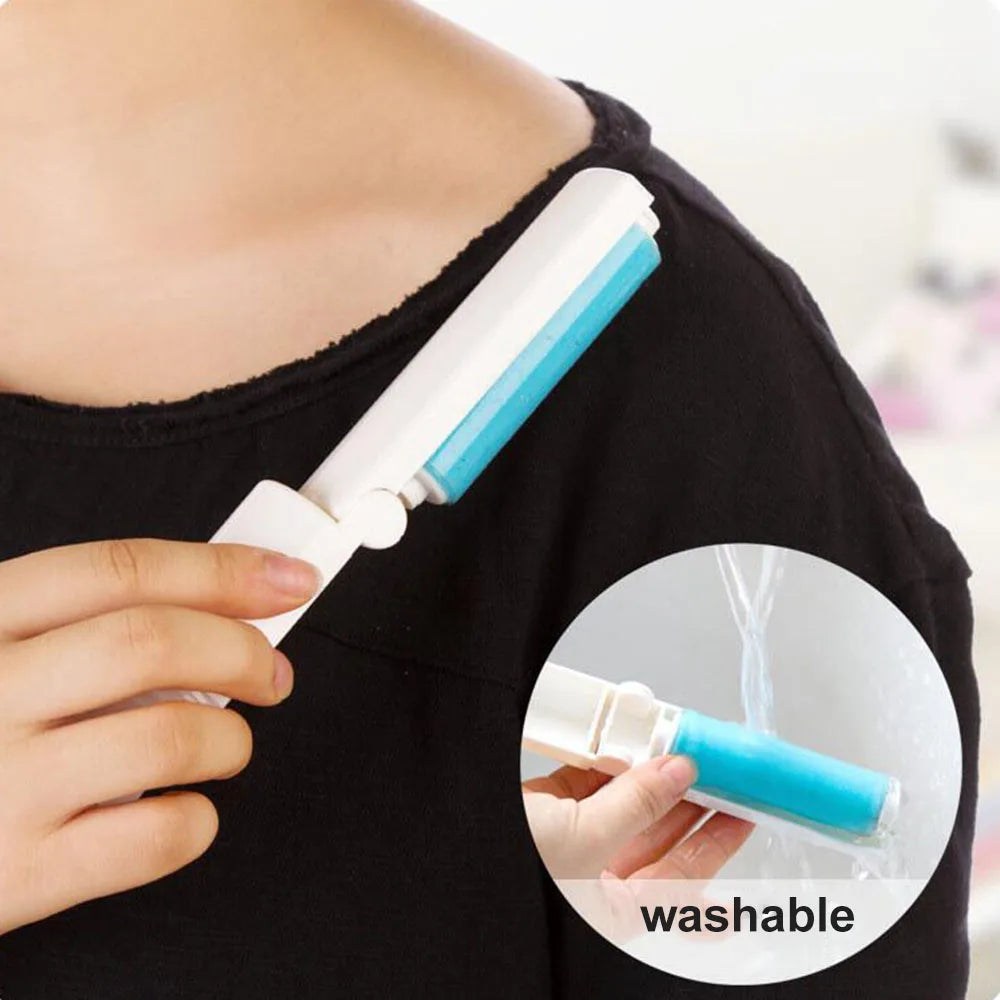 A close-up of a person holding a white and blue lint roller against their shoulder, with a circular inset showing water running over the product and the text 'washable'.