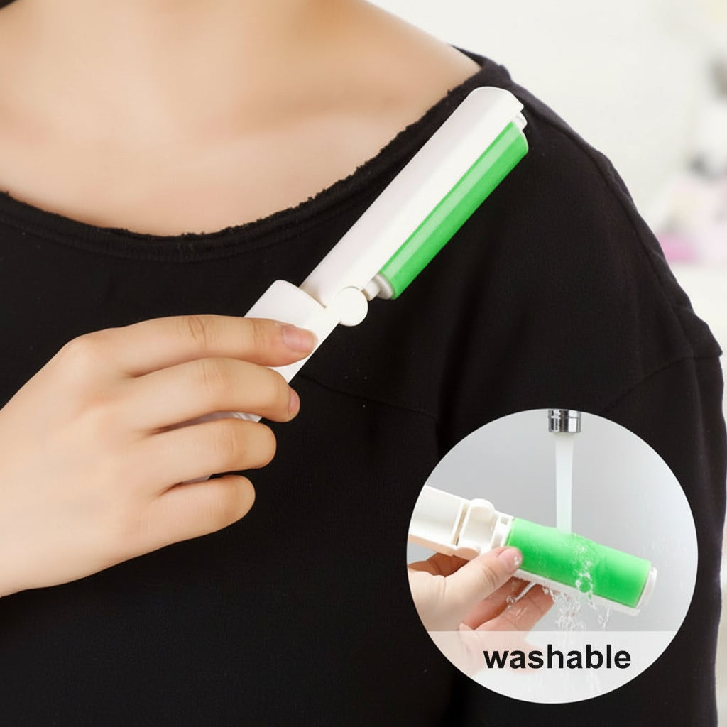 A close-up of a person holding a white and green lint roller against their shoulder, with a circular inset showing water running over the product and the text 'washable'.