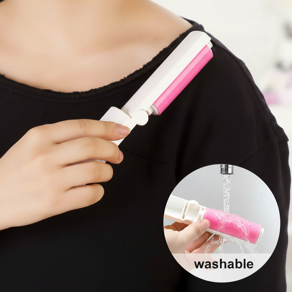 A close-up of a person wearing a black top while holding a white and pink lint roller against their shoulder. A circular inset shows the lint roller being washed under running water, with the word 'washable' below it.