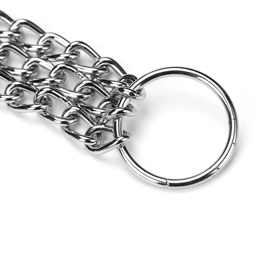 A close-up of a shiny silver metal chain with a large circular ring attached, dog collar