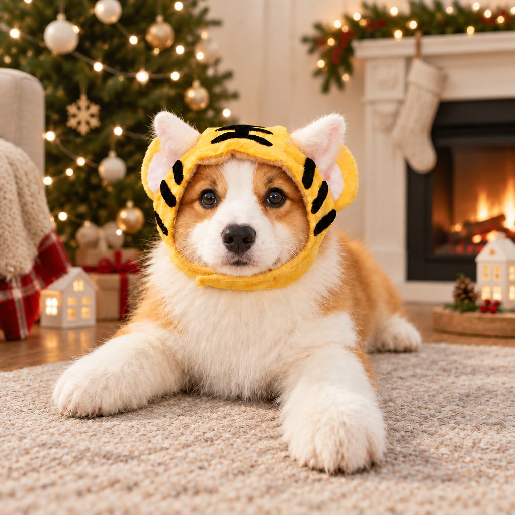 A fluffy tan and white puppy wearing a yellow tiger-striped hood hat