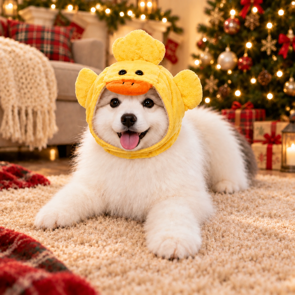 A fluffy white dog, wearing a yellow duck costume hood with an orange beak and black eyes.