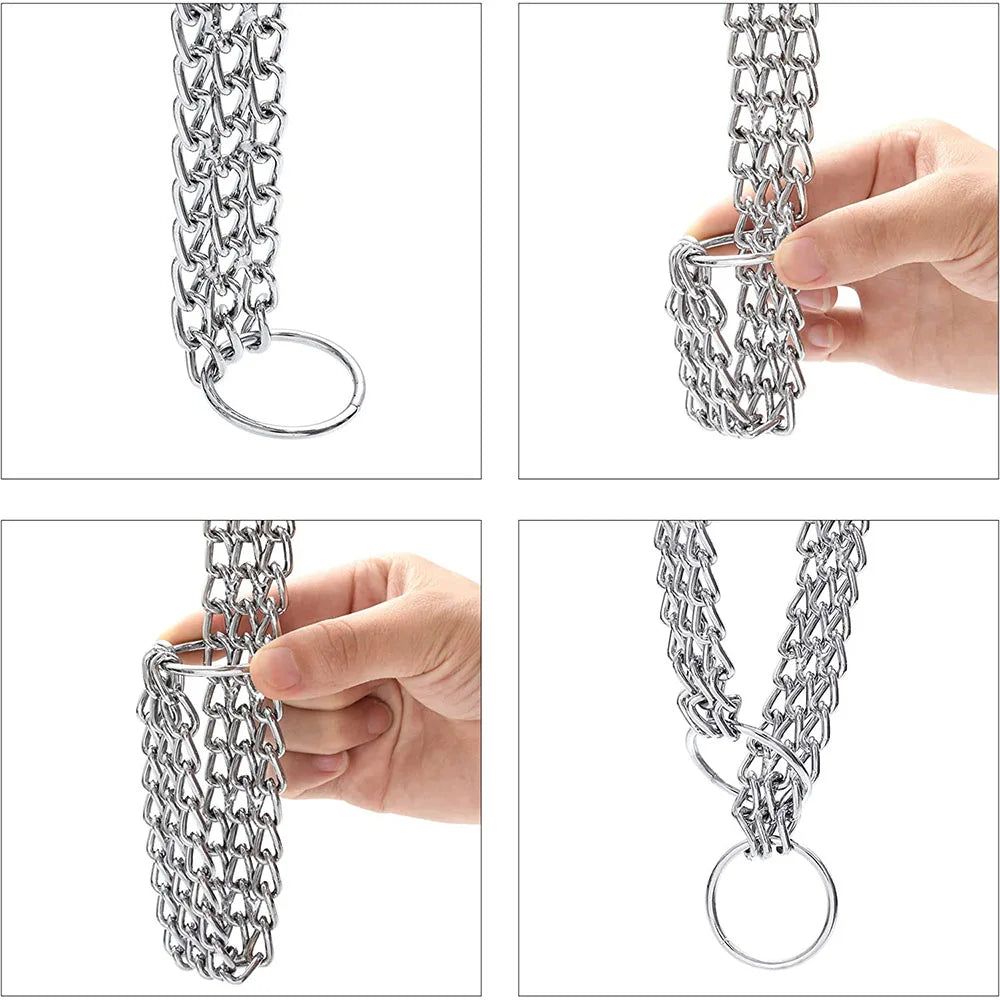 A four-panel product demonstration showing a silver metal chain restraint with a large ring at the top and a wider multi-strand ring at the bottom, dog collar