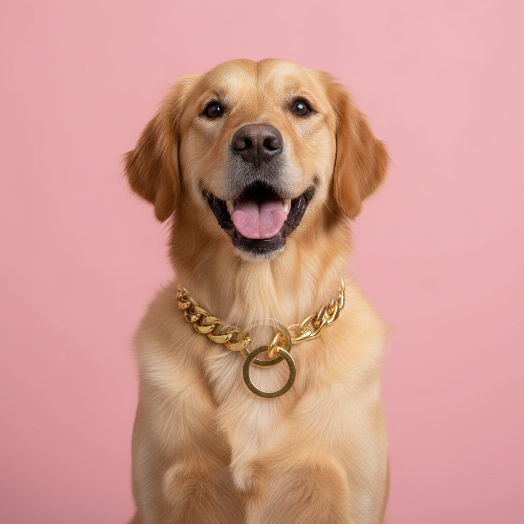 A golden retriever dog wearing a chunky gold chain collar with interlocking rings, posed against a solid pink background.