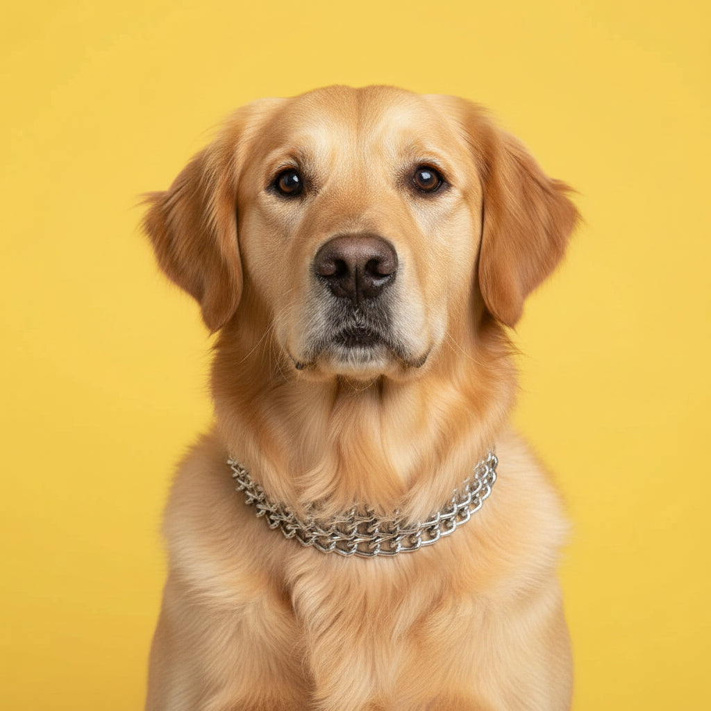 A golden retriever dog wearing a silver chain collar