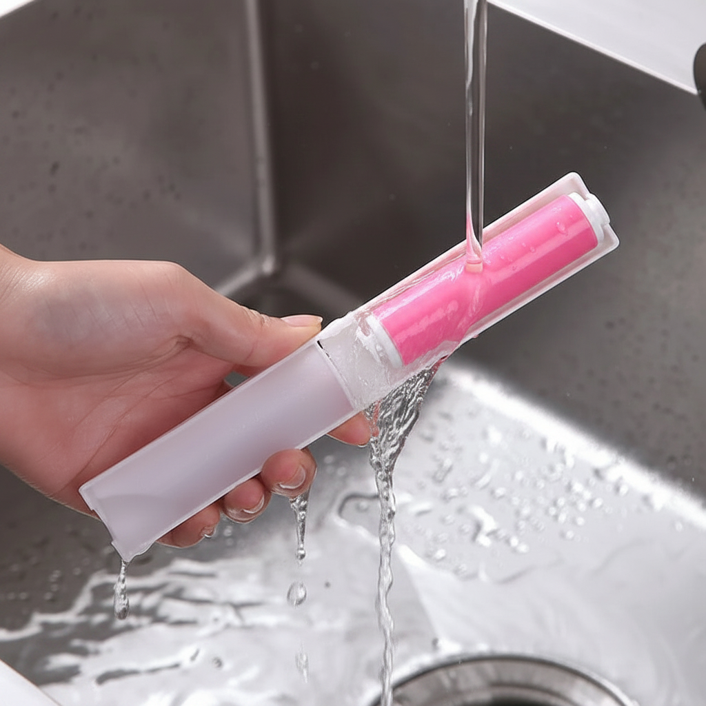 A hand holds a pink and white pet hair lint remover under running water in a stainless steel sink.