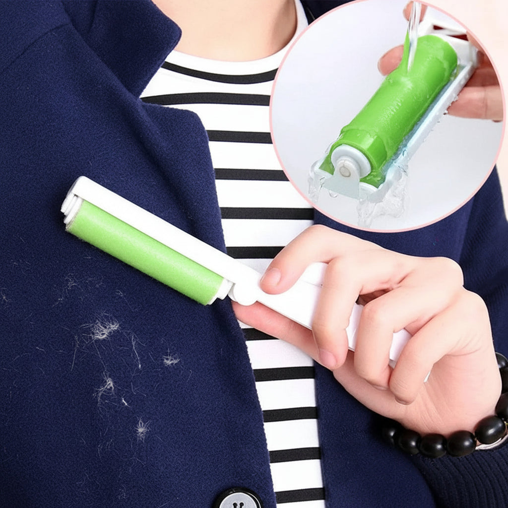 A person holds a lint remover tool against a navy coat for pet fur