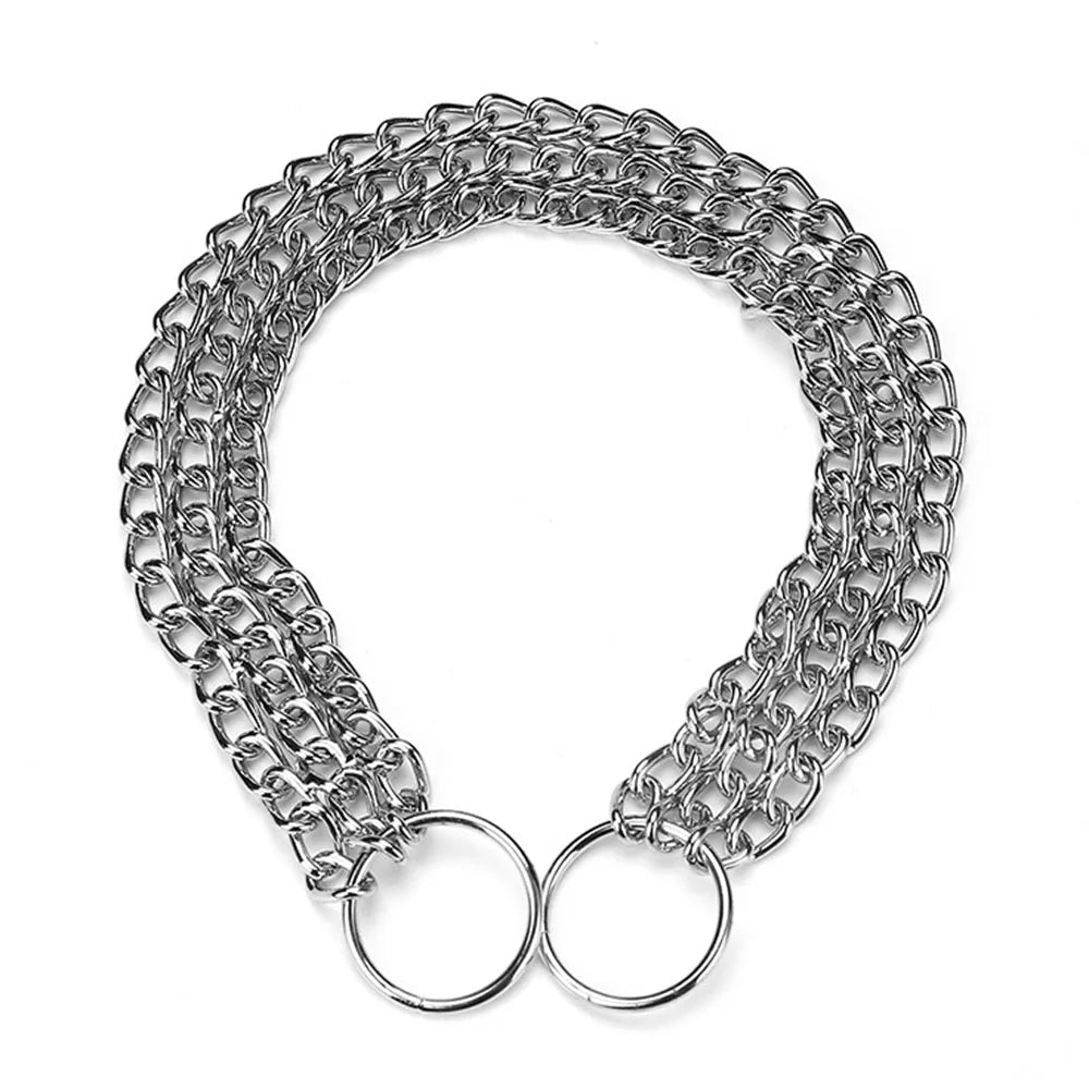 A silver-toned metal chain collar with two large circular rings at the ends, pet dog collar
