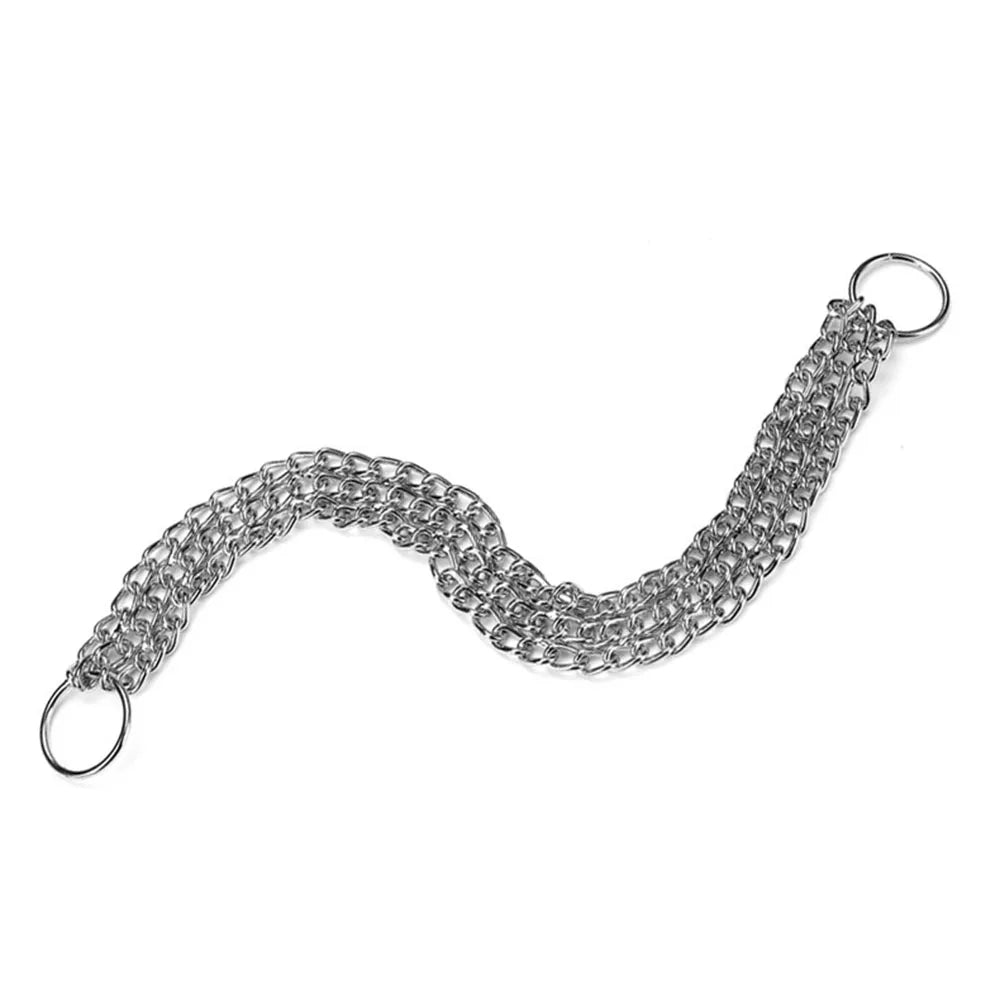 A silver metal chain link strap with two circular ring attachments, collar for dogs