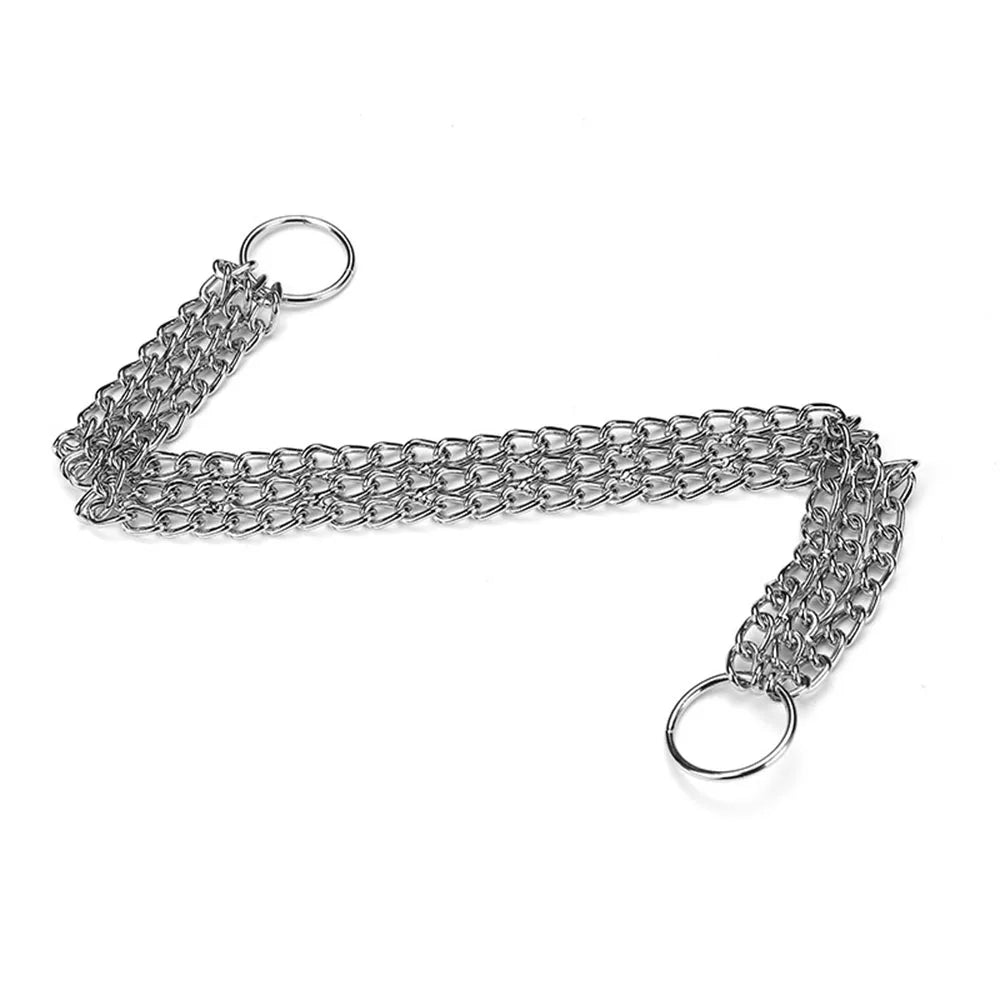 A silver metal chain link strap with two circular ring attachments, pet collar 