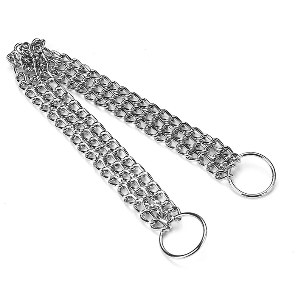 A silver metal chain strap with two circular metal rings, dog collar