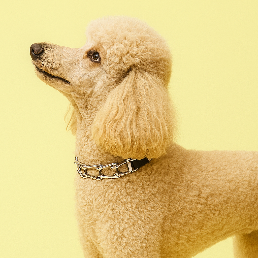 Beige poodle wearing a silver chain collar on a yellow background