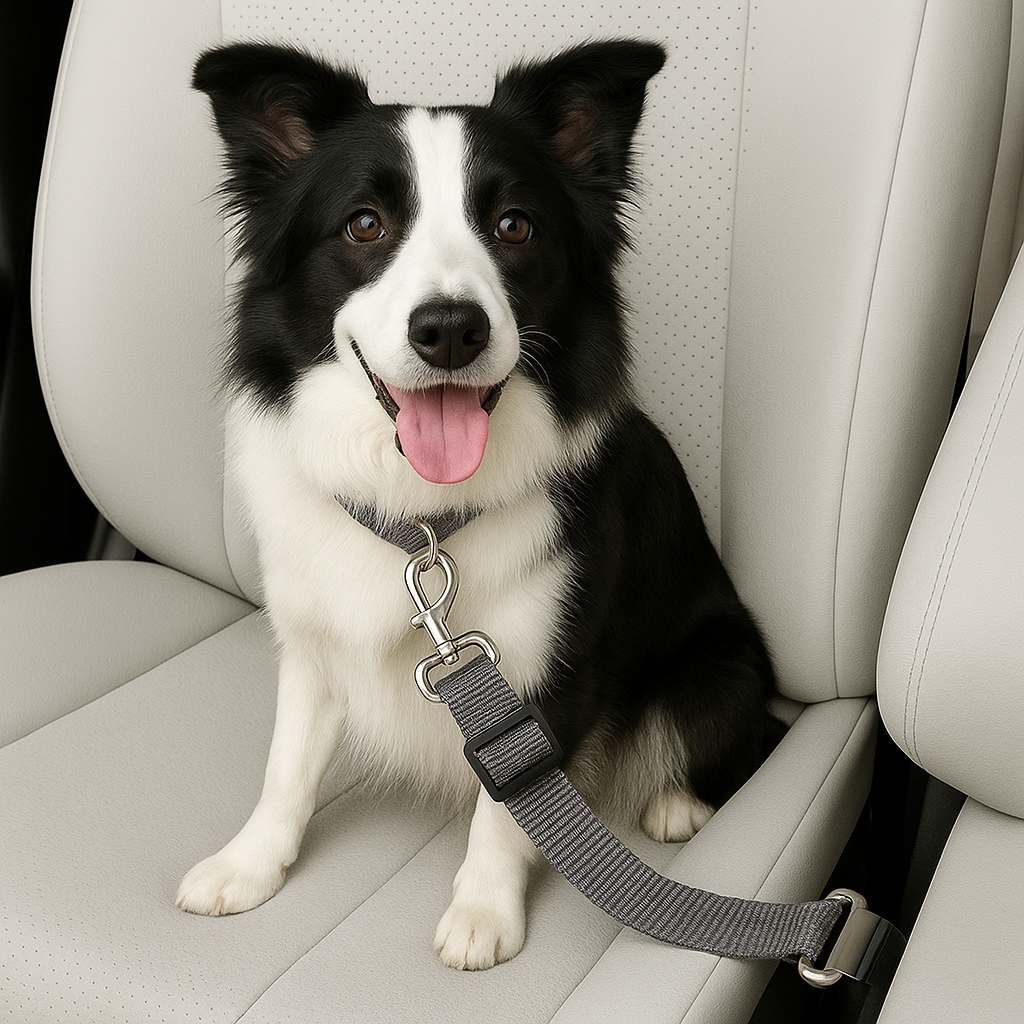 Black and white dog sitting in a car with a pet seat belt on a beige car seat.