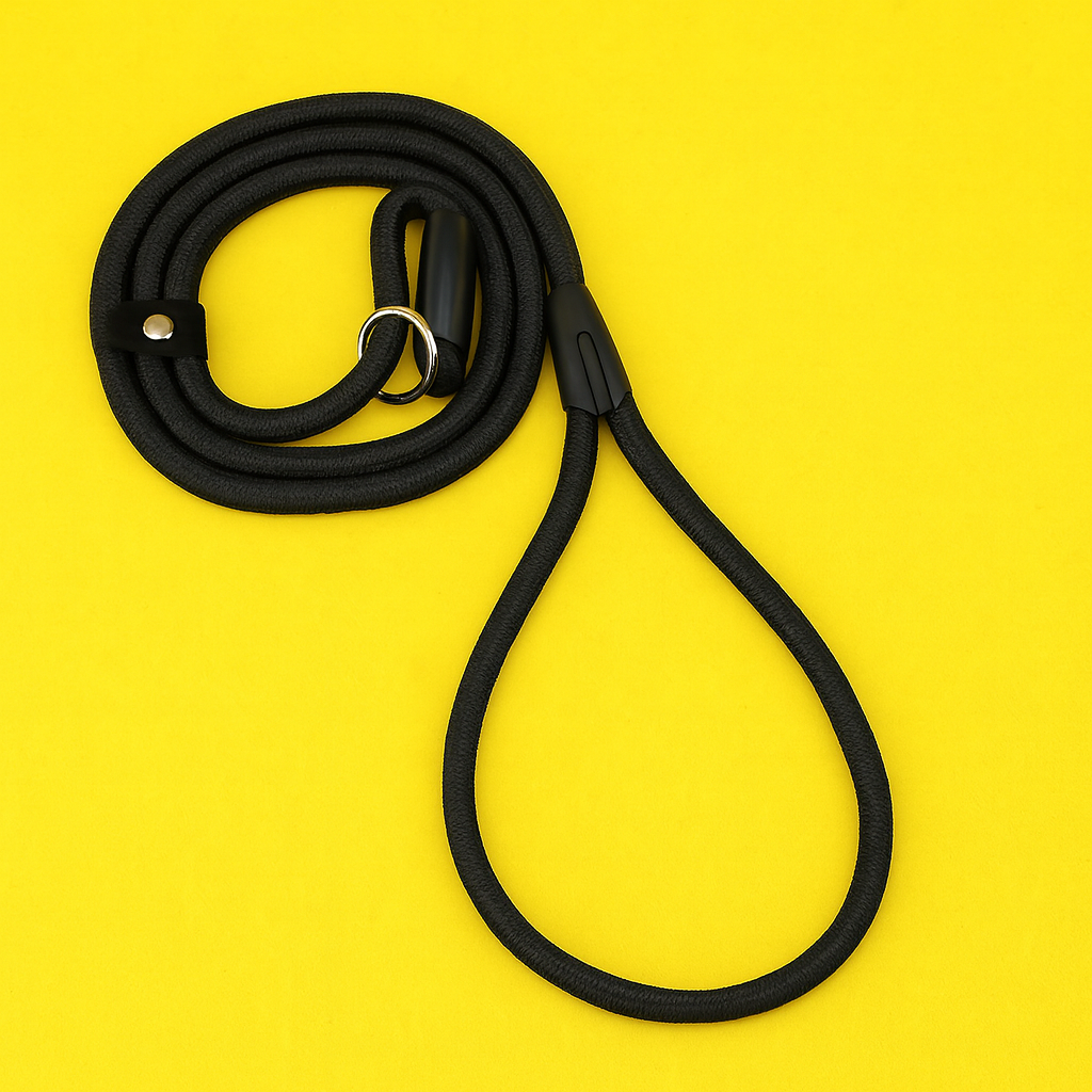 Black dog leash on a yellow background