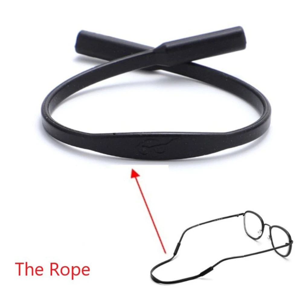 Black eyeglass strap with a diagram showing how it is used on a white background