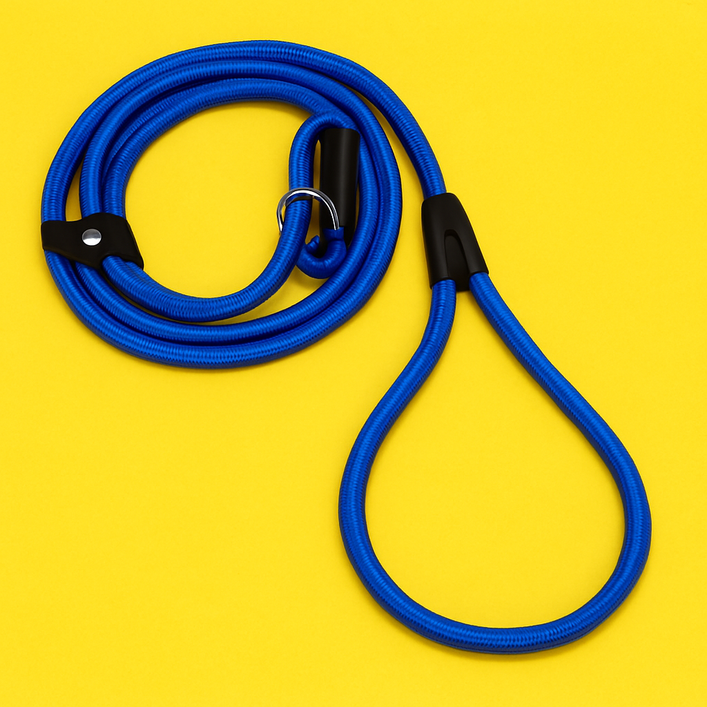 Blue dog leash with a black clip on a yellow background