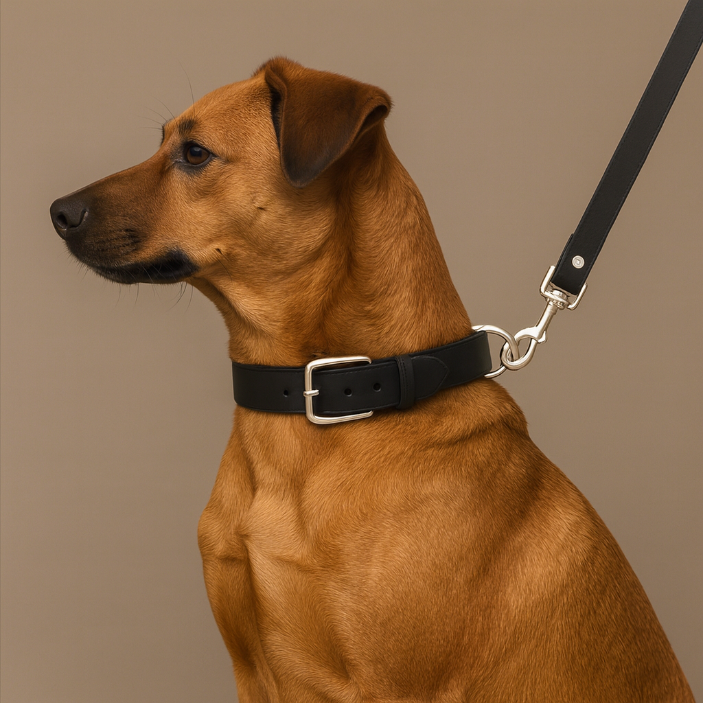 Brown dog wearing a black leather collar with a silver buckle on a beige background