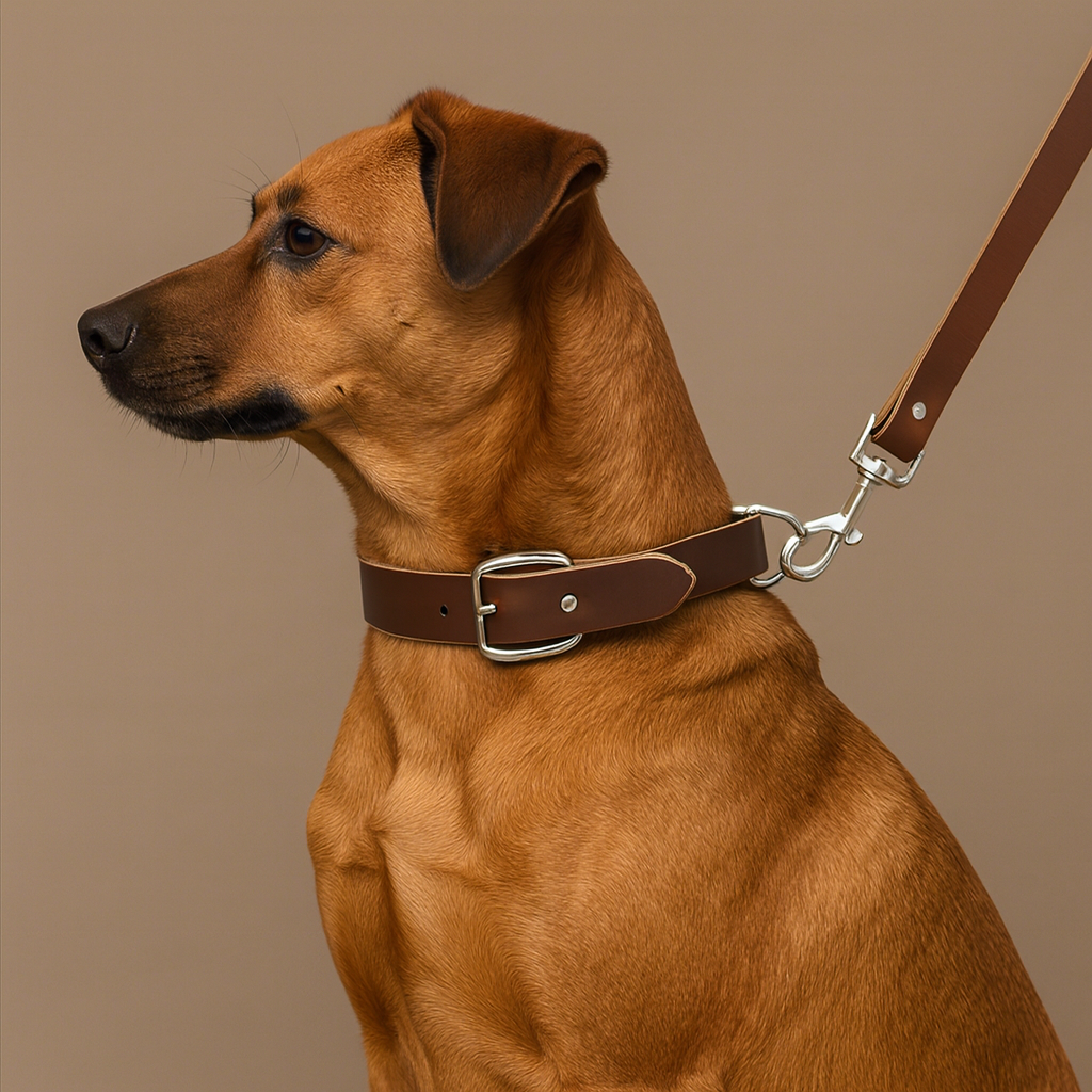 Brown dog wearing a brown leather collar and leash on a beige background
