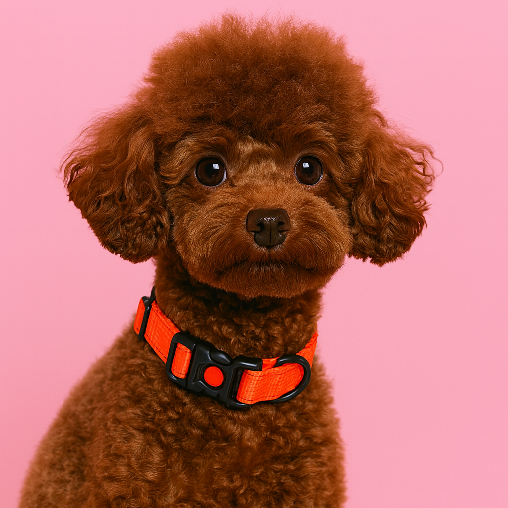 Brown poodle wearing an orange collar on a pink background