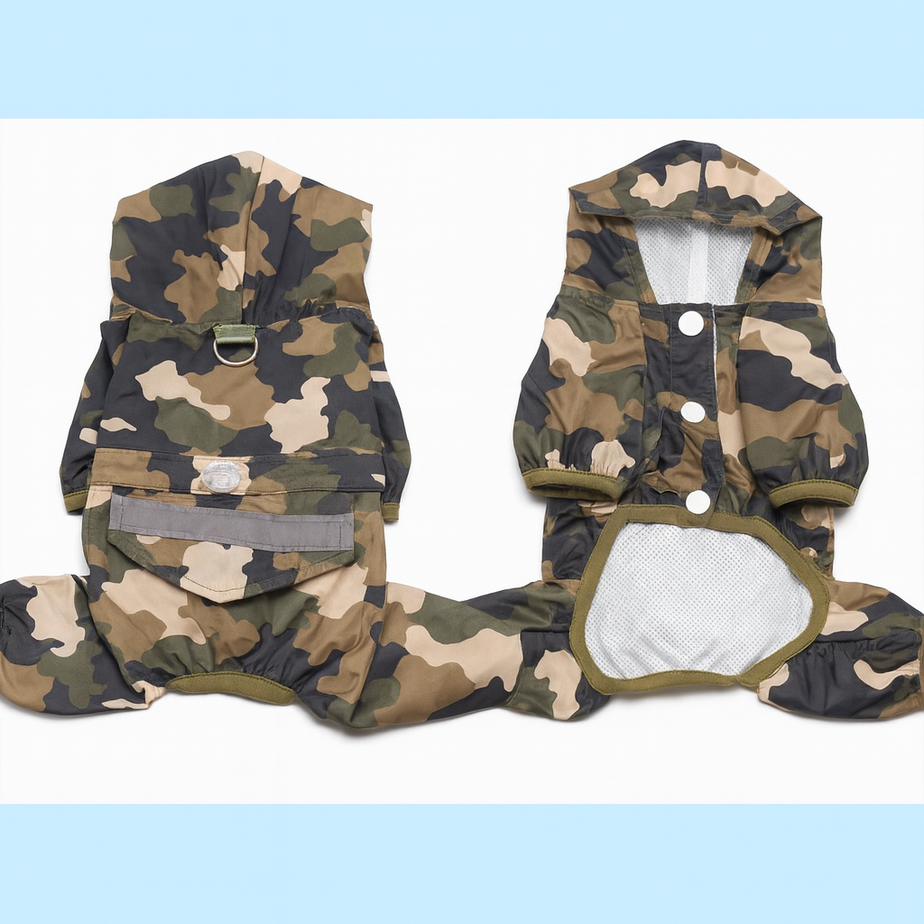 Camouflage dog raincoat with buttons on a light blue background
