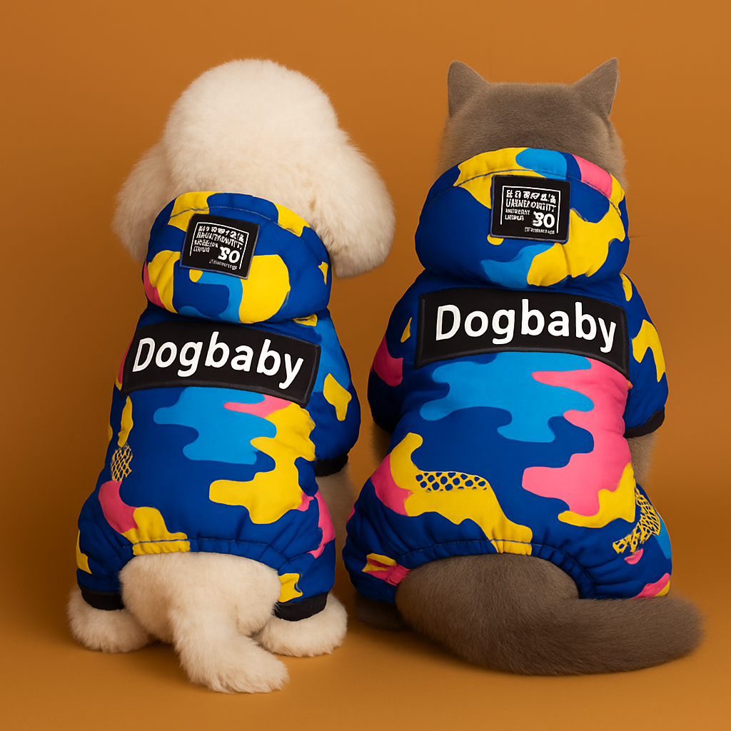 Cat and a dog wearing colorful 'Dogbaby' jackets on a brown background pet clothing at furrywags