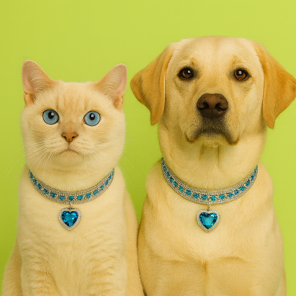 Cat and dog wearing blue heart-shaped collars against a green background