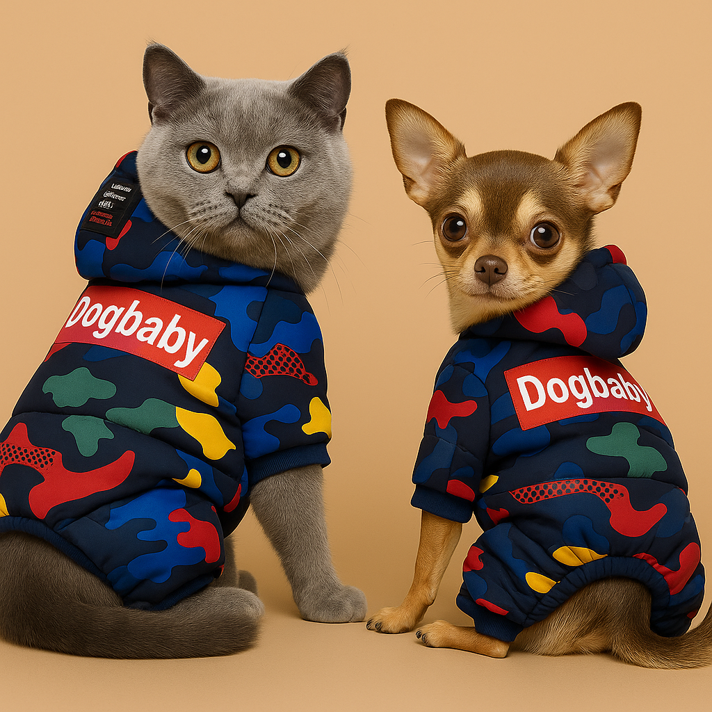 Cat and dog wearing colorful 'Dogbaby' outfits on a beige background
