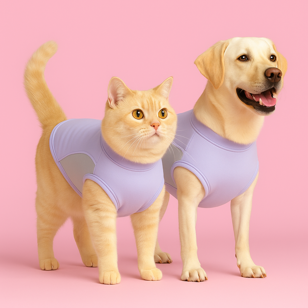 Cat and dog wearing matching light purple shirts on a pink background