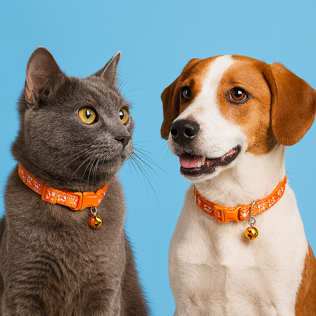 Cat and dog wearing orange collars with bells 