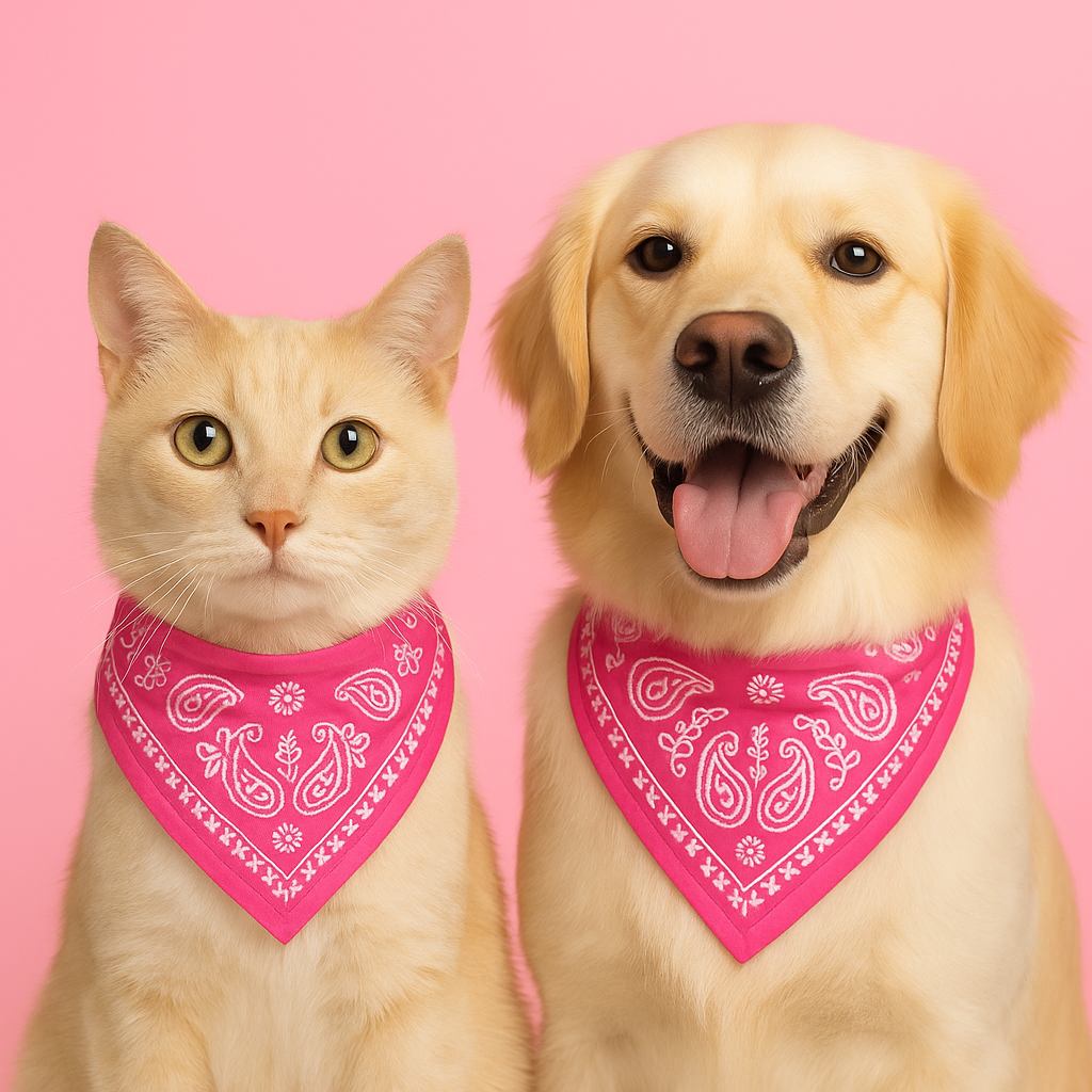 Cat and dog wearing pink bandanas on a pink background