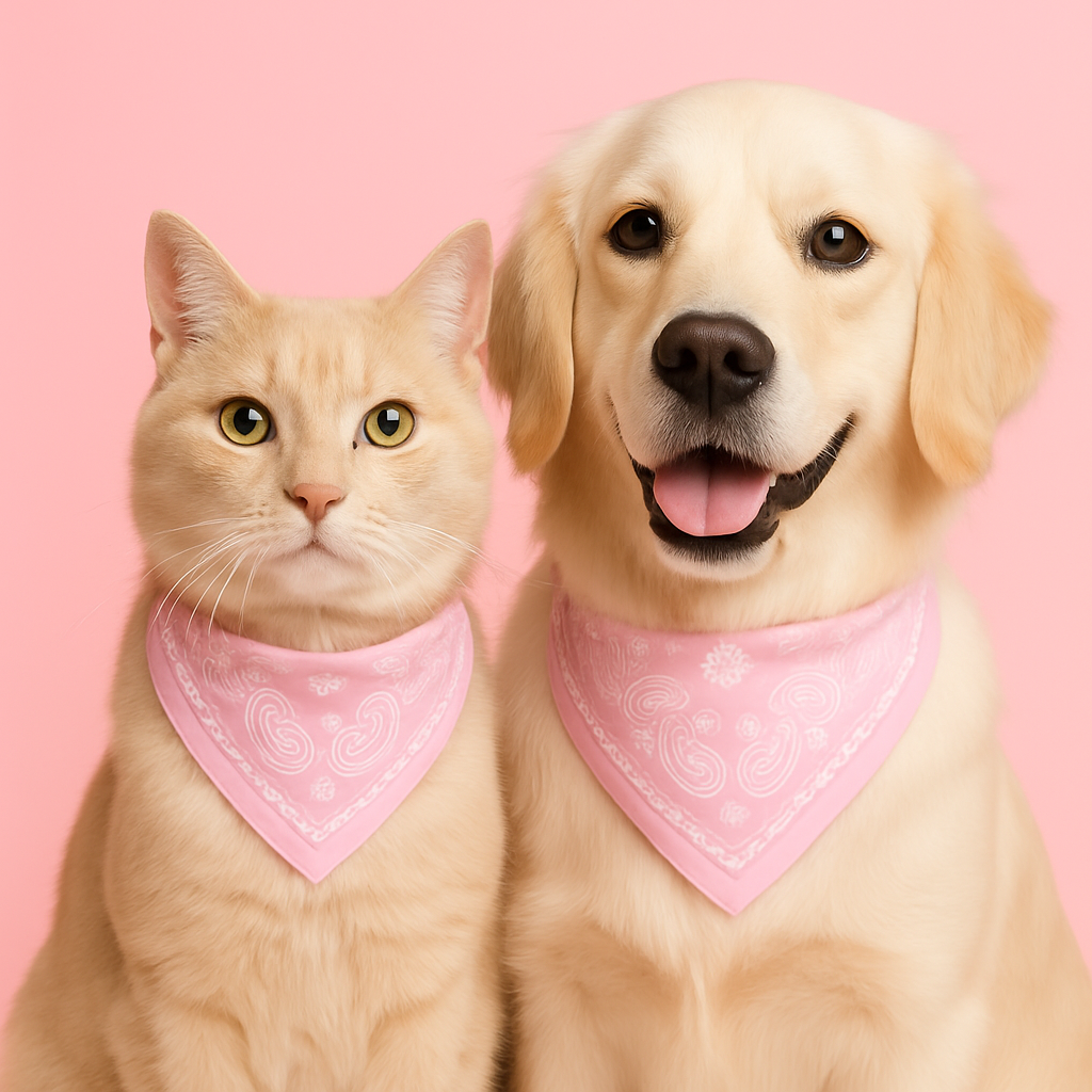Cat and dog wearing pink bandanas on a pink background furrywags pet supplies