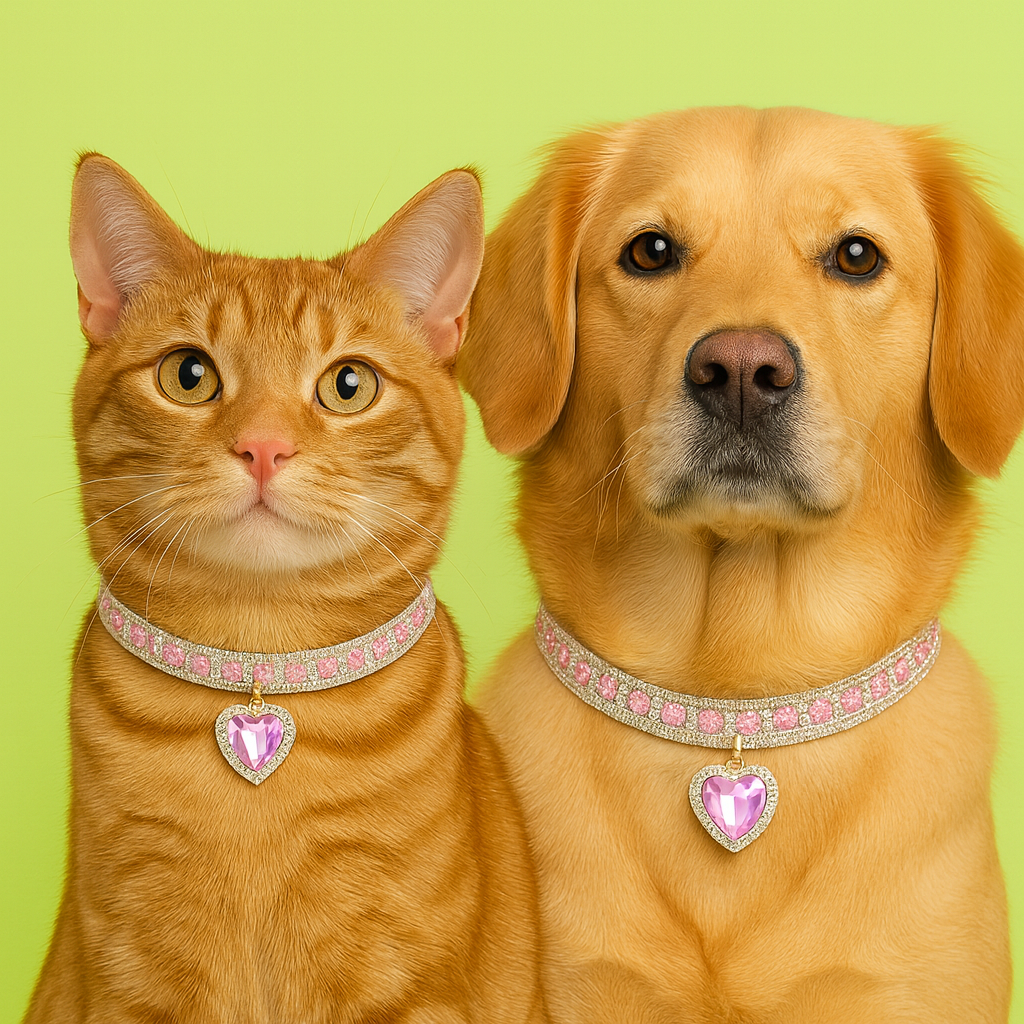 Cat and dog wearing pink heart-shaped collars on a green background