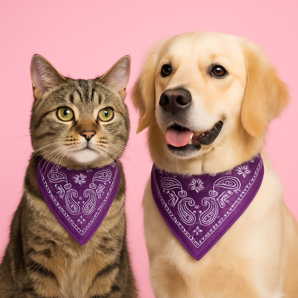 Cat and dog wearing purple bandanas on a pink background