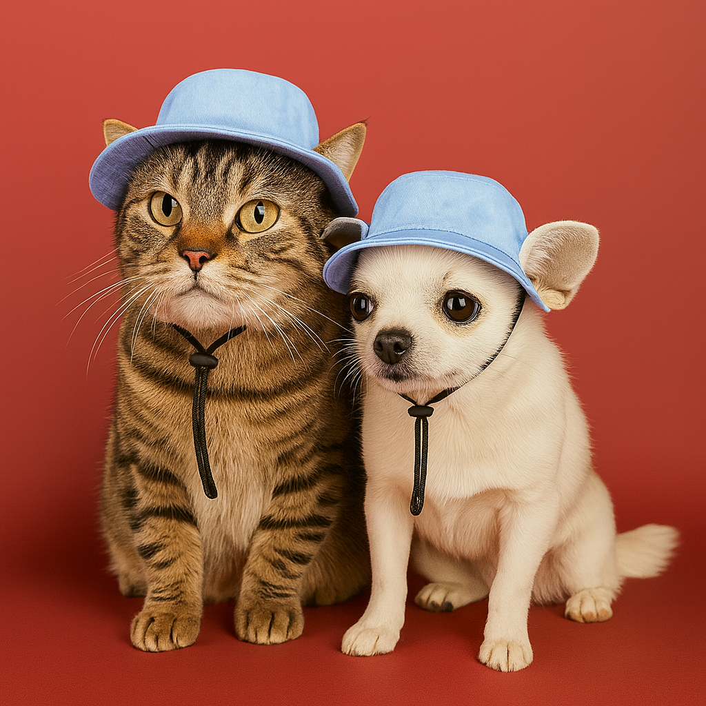 Cat and dog wearing small blue brim hats on a red background