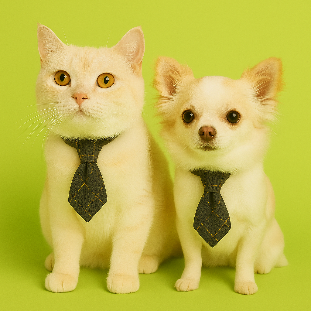 Cat and dog wearing ties on a green background