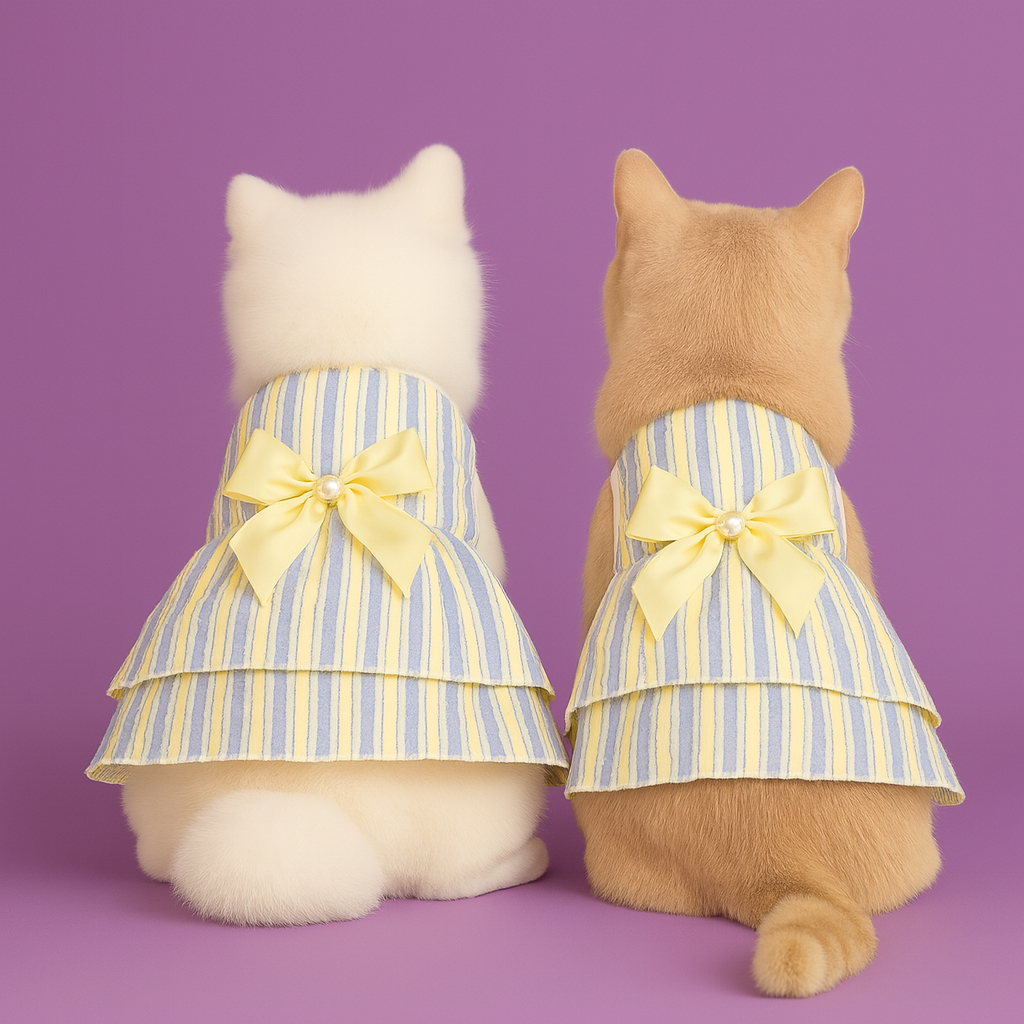 Cat and dog wearing yellow and blue striped dresses with bows on a purple background
