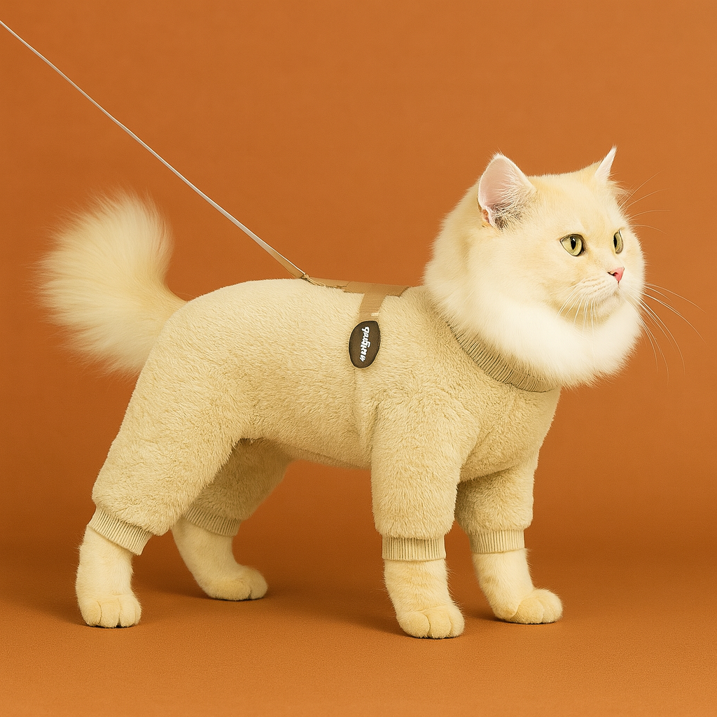 Cat wearing a beige outfit with a brand tag on an orange background