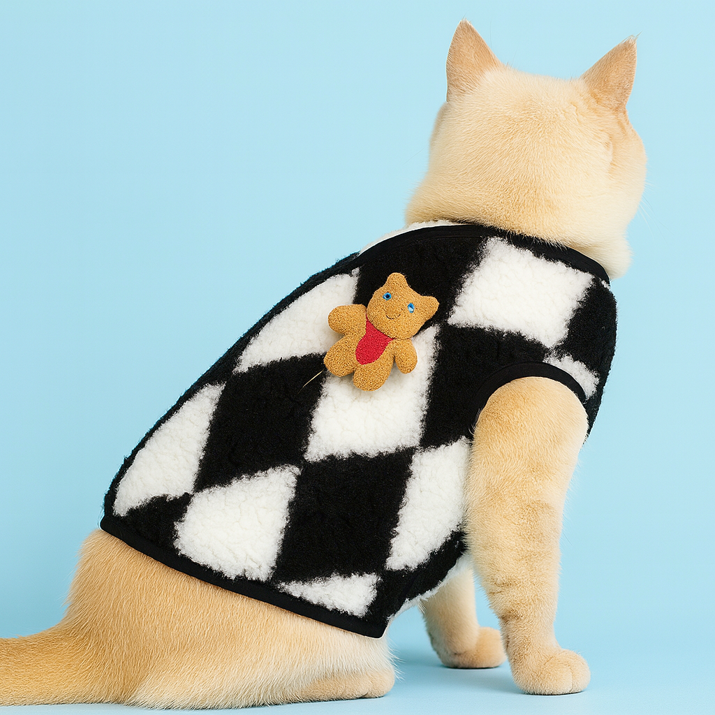 Cat wearing a black and white checkered sweater with a flower-shaped tag on a blue background