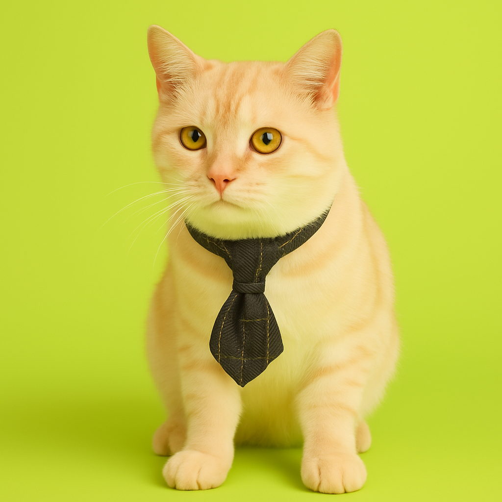 Cat wearing a black tie on a green background