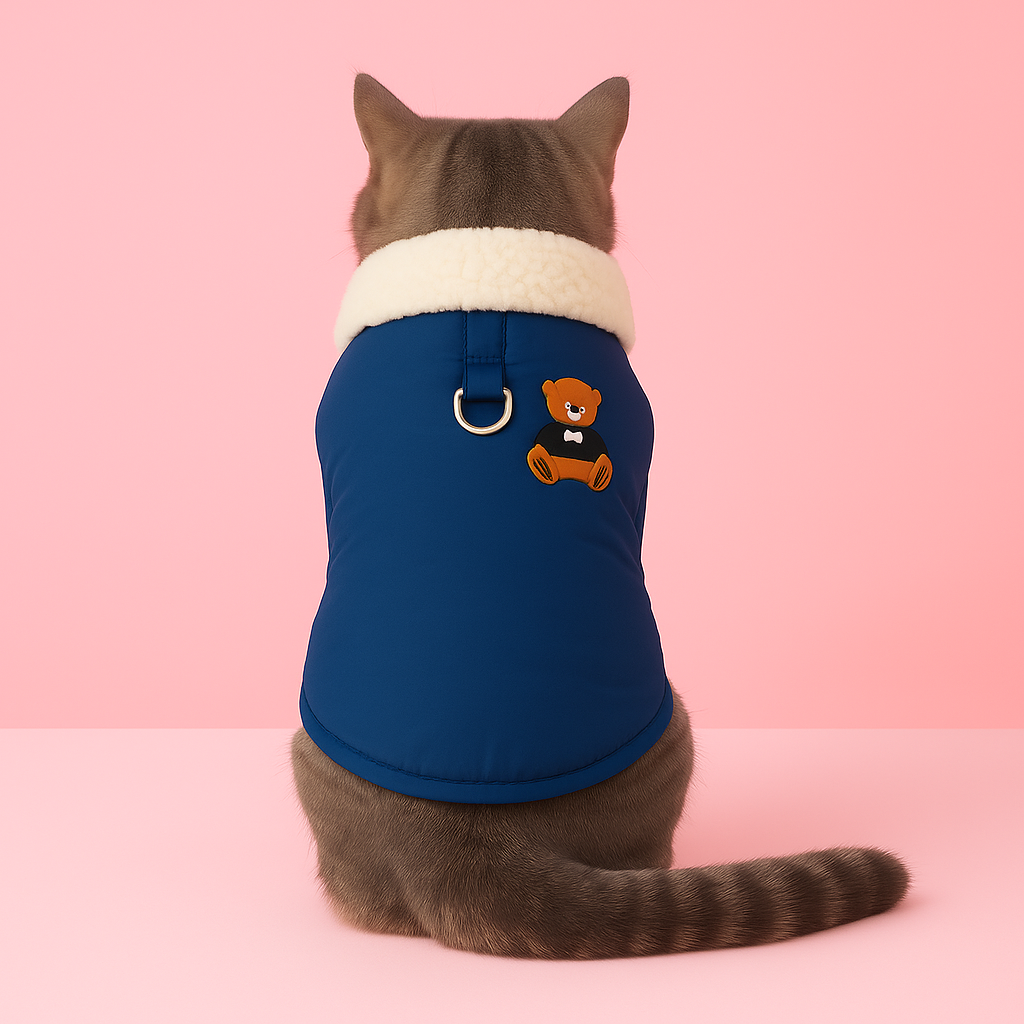 Cat wearing a blue sweater with a bear design on a pink background