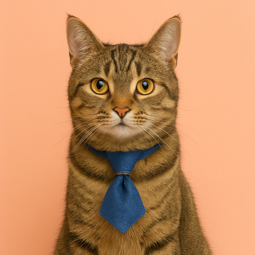 Cat wearing a blue tie against a peach background