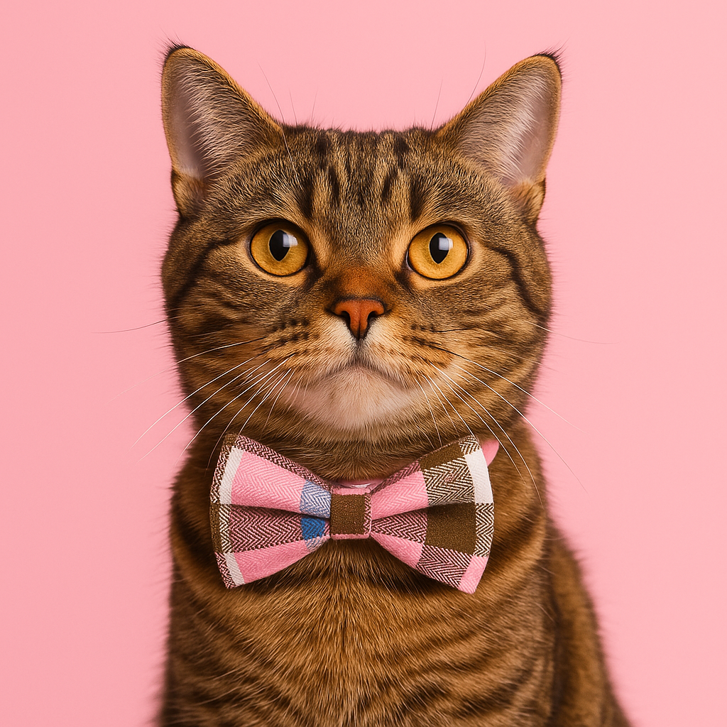 Cat wearing a checkered bow tie on a pink background