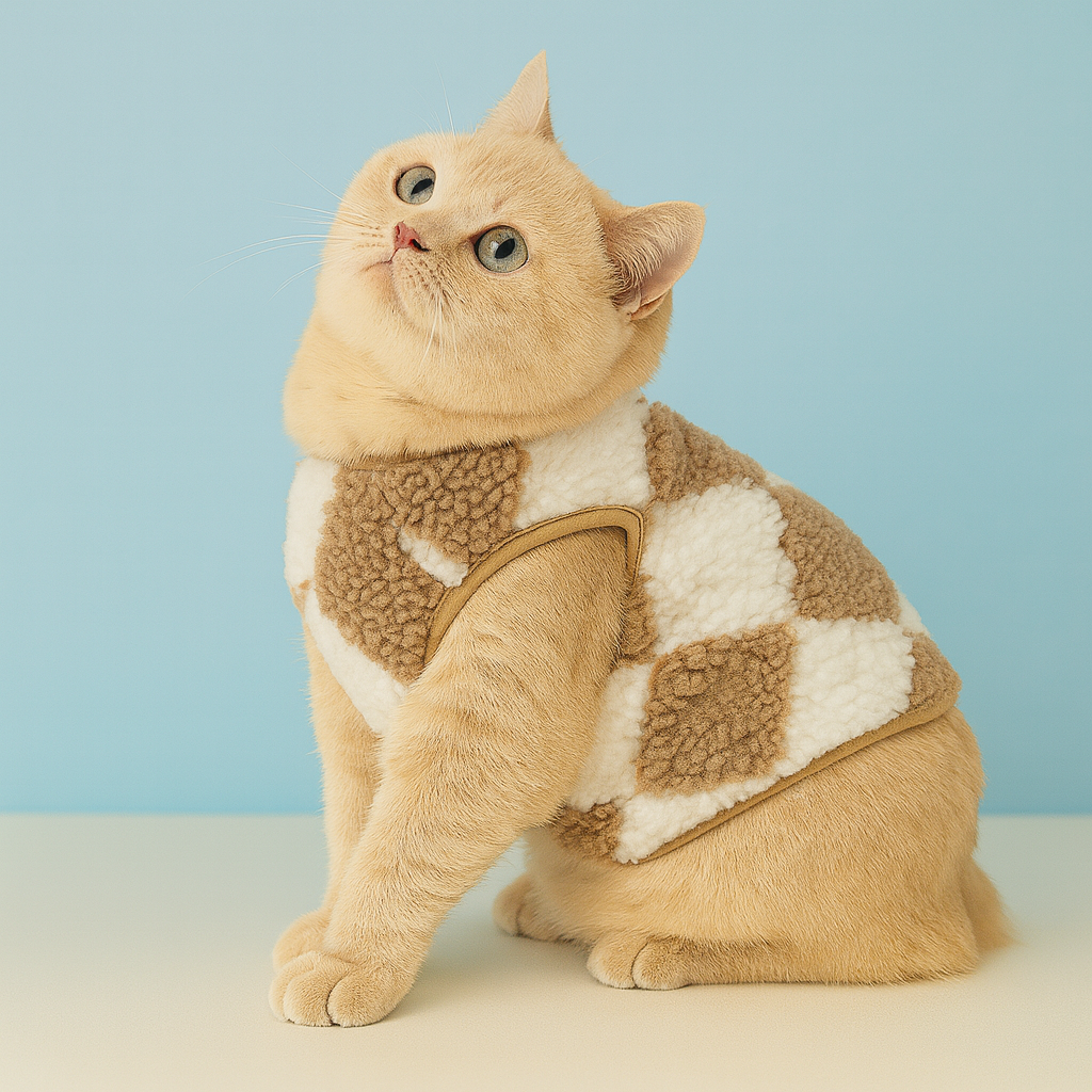 Cat wearing a checkered sweater against a light blue background