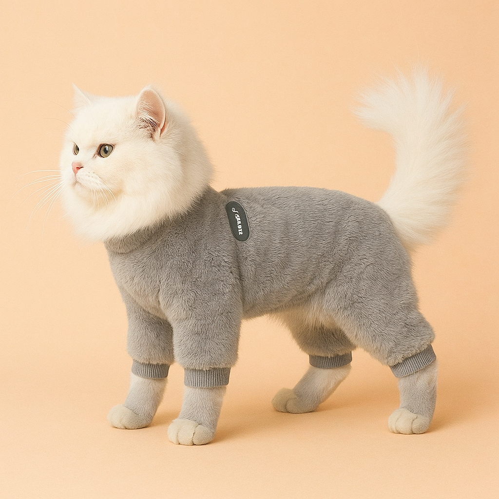 Cat wearing a gray outfit on a beige background