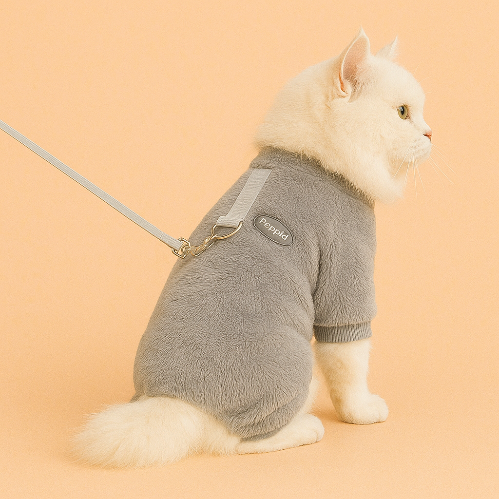 Cat wearing a gray outfit with a brand label on a peach background