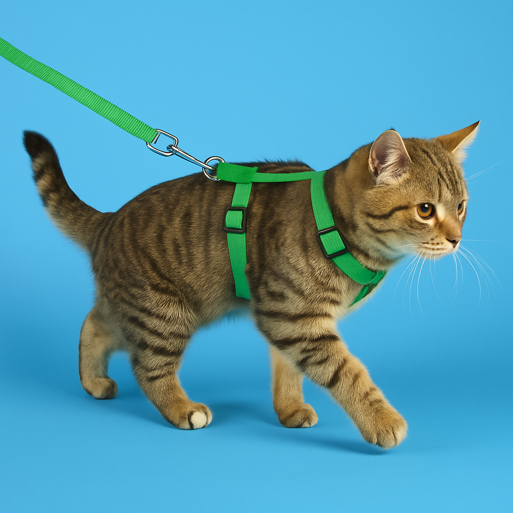 Cat wearing a green harness and leash on a blue background