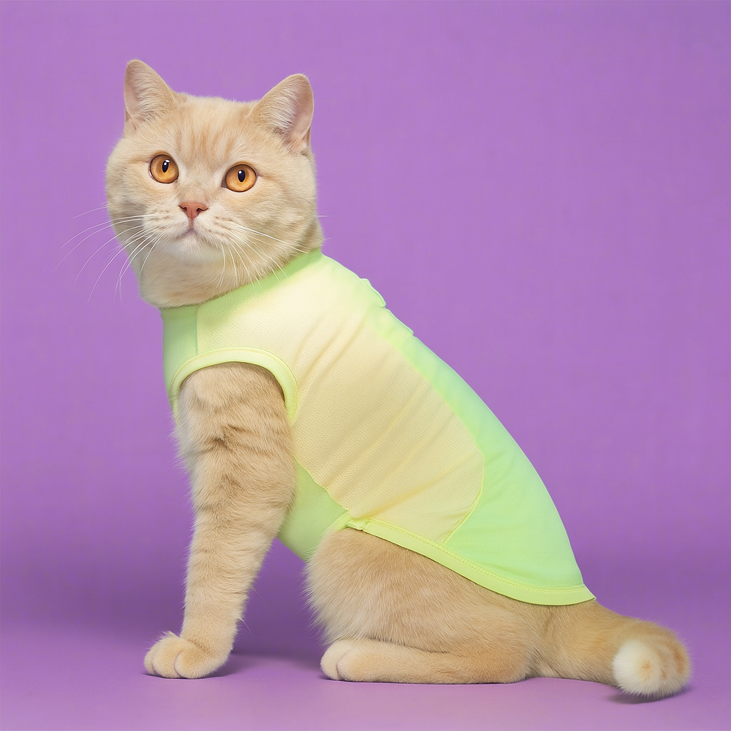 Cat wearing a green vest on a purple background