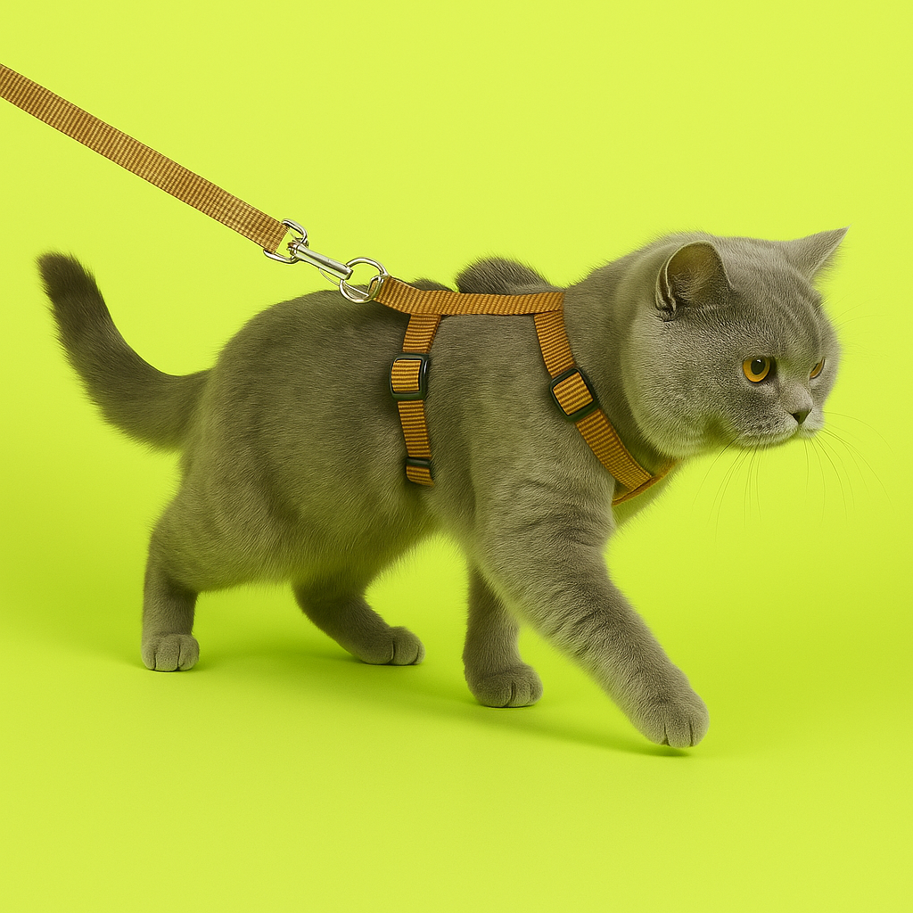 Cat wearing a harness and leash on a bright yellow background