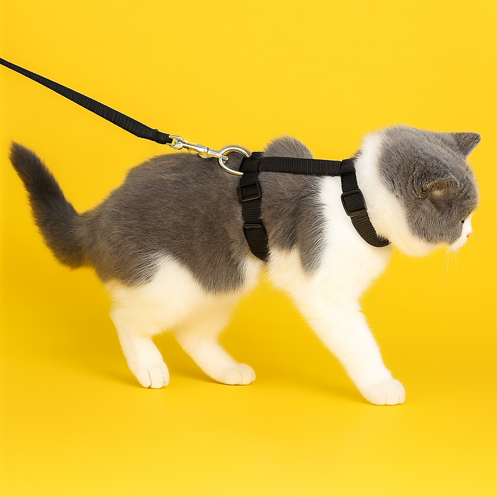 Cat wearing a harness and leash on a yellow background